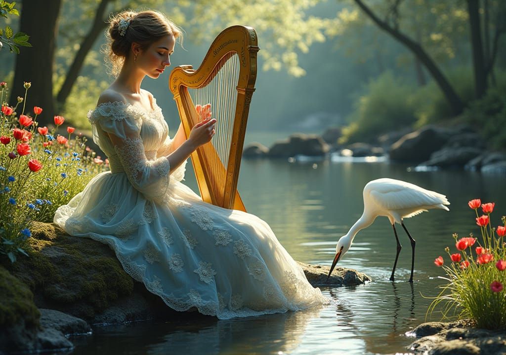 Victorian Lady Playing Harp by Forest Stream