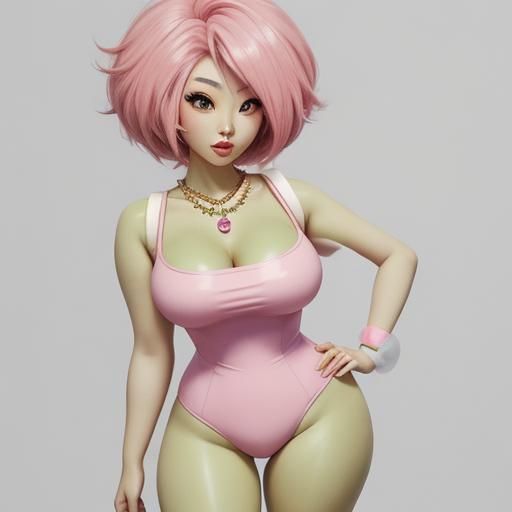 Pastel Pink Cartoon Girl in Sparkling Green Necklace