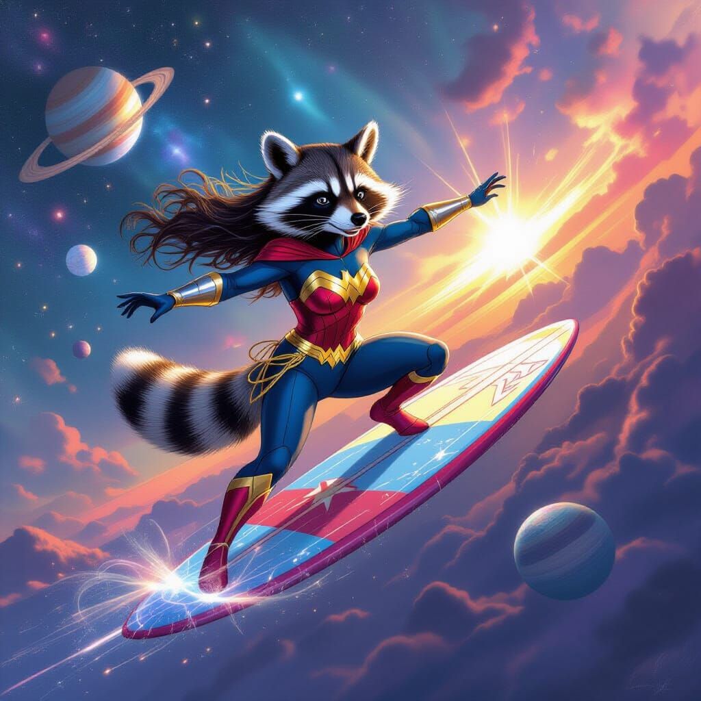Wonder Raccoon Surfing Space: Cosmic Surrealism