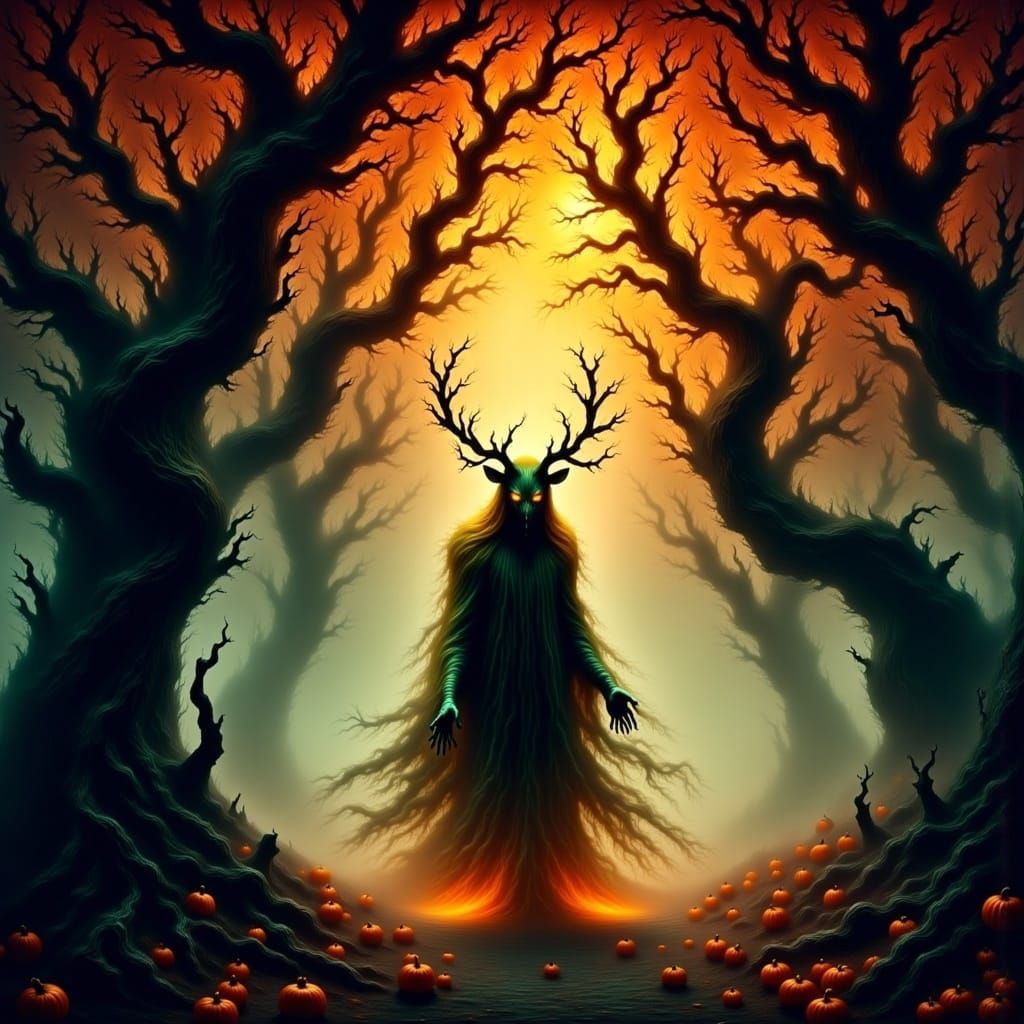 Cernunnos in Autumn Forest with Spirits, Miyazaki Style