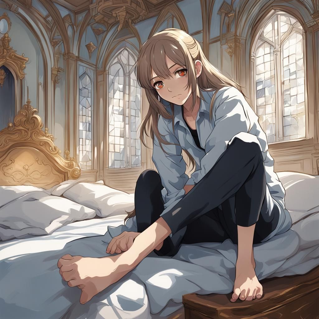 Anime Woman in Castle Hall with Realistic Architecture