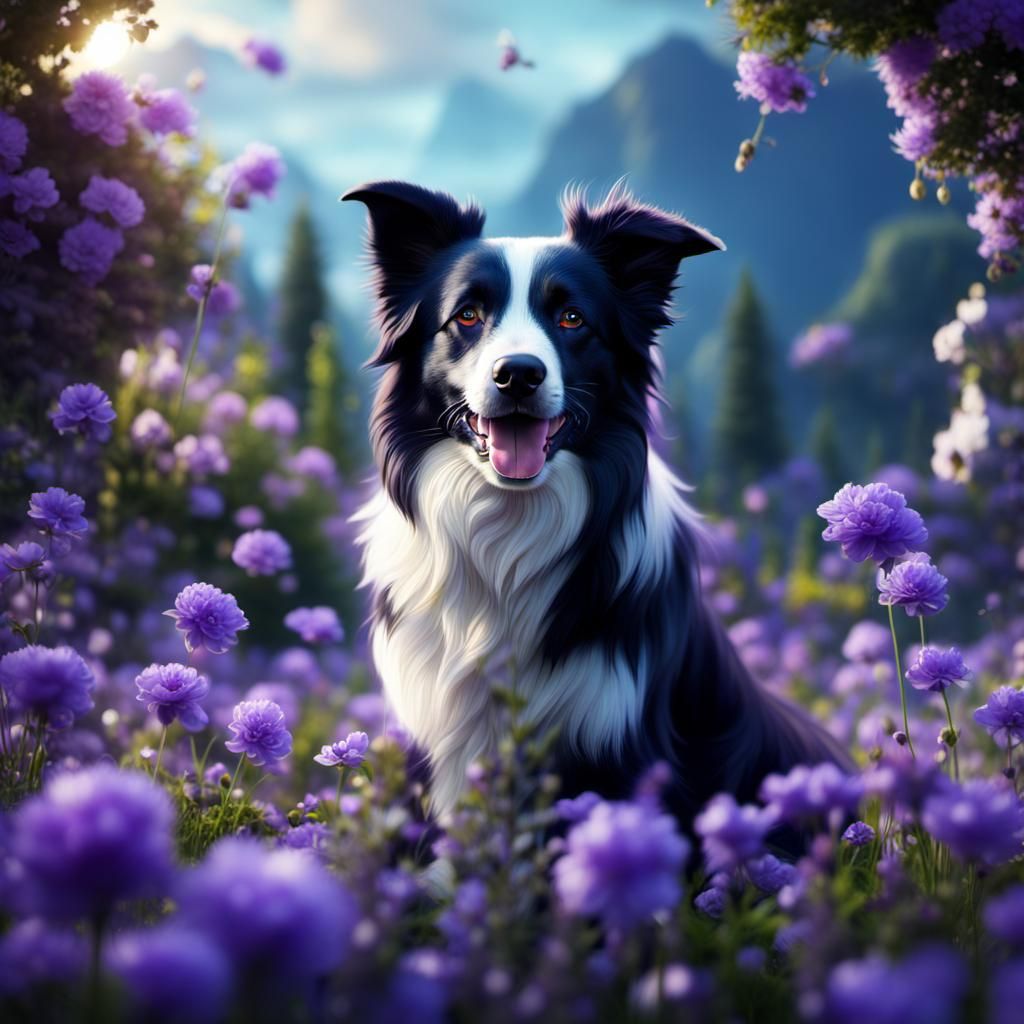 Border Collie in Violet Flower Garden