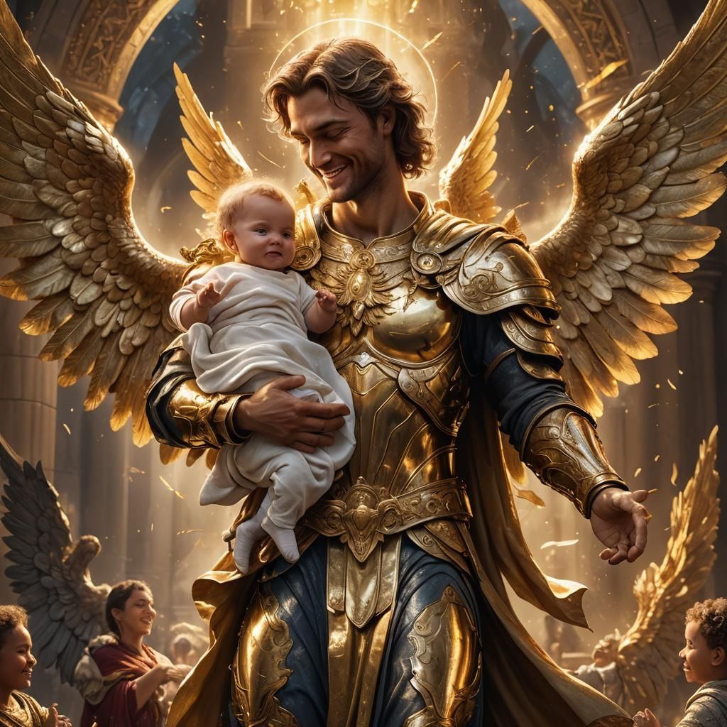 Archangel Michael Holding Newborn in Golden Light