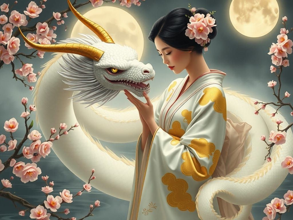 Romanticist Geisha Princess with Serene Dragon in Misty Moon...