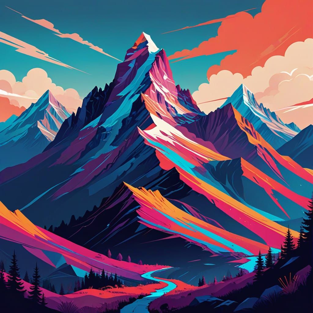 Vibrant Fantasy Mountainscape in Digital Art