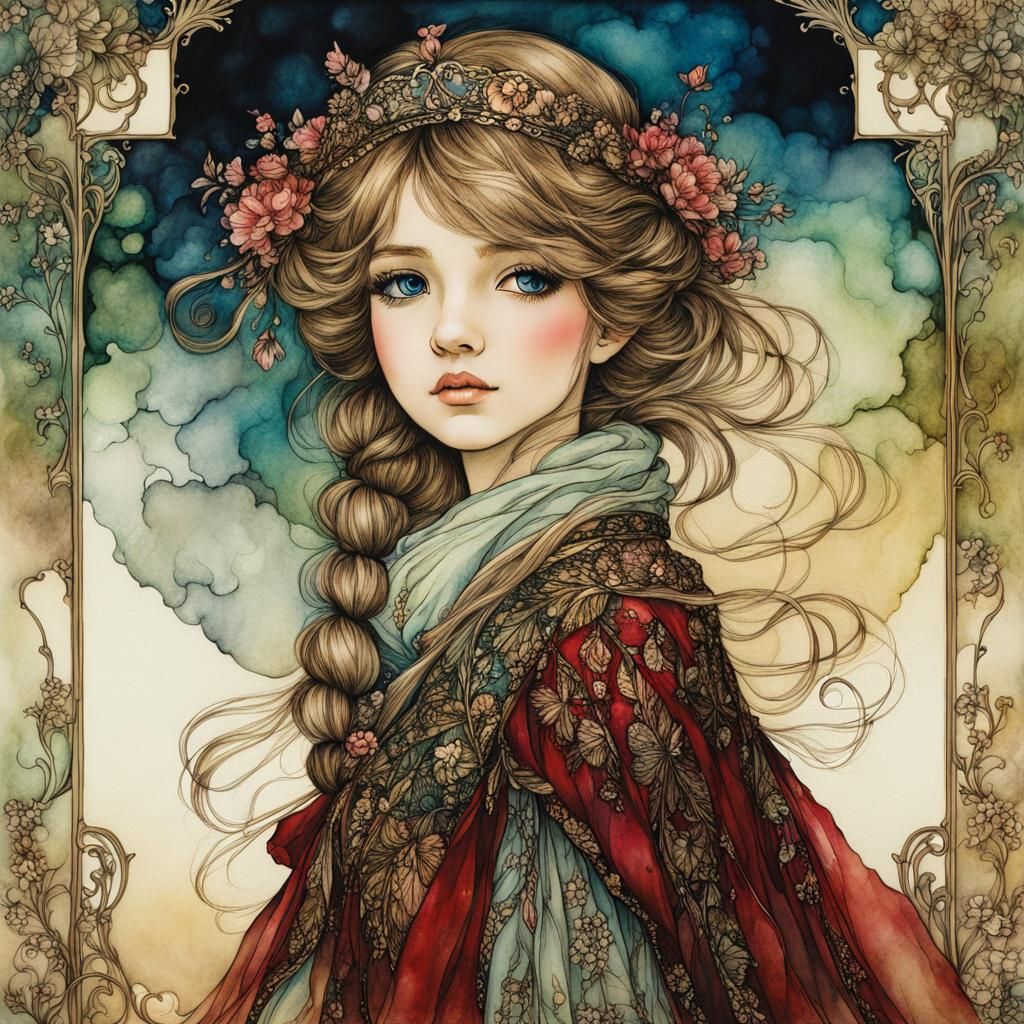 Princess Girl in Delicate Alcohol Ink Illustration