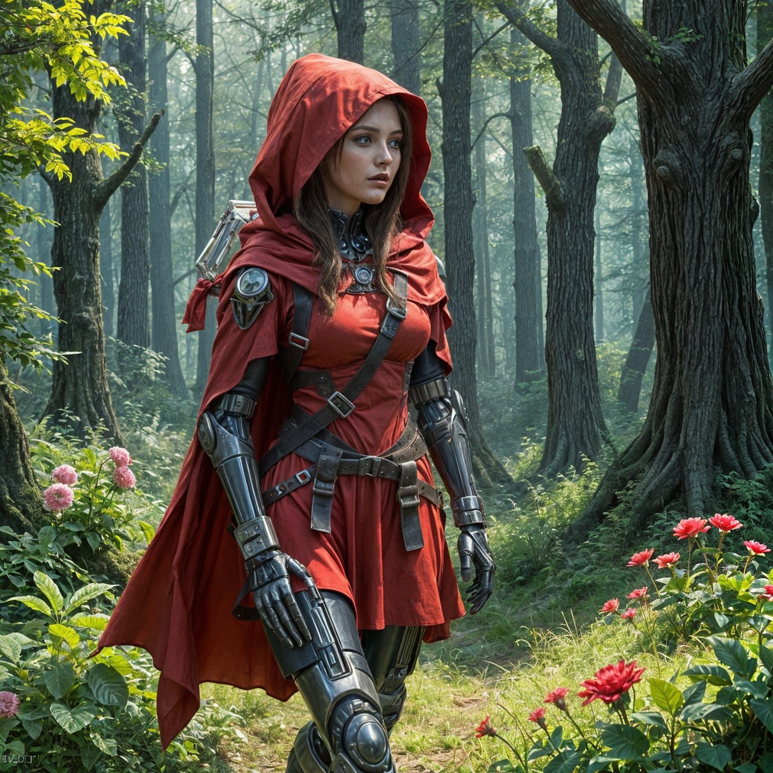 Bionic Little Red Riding Hood in Hyperrealistic Forest