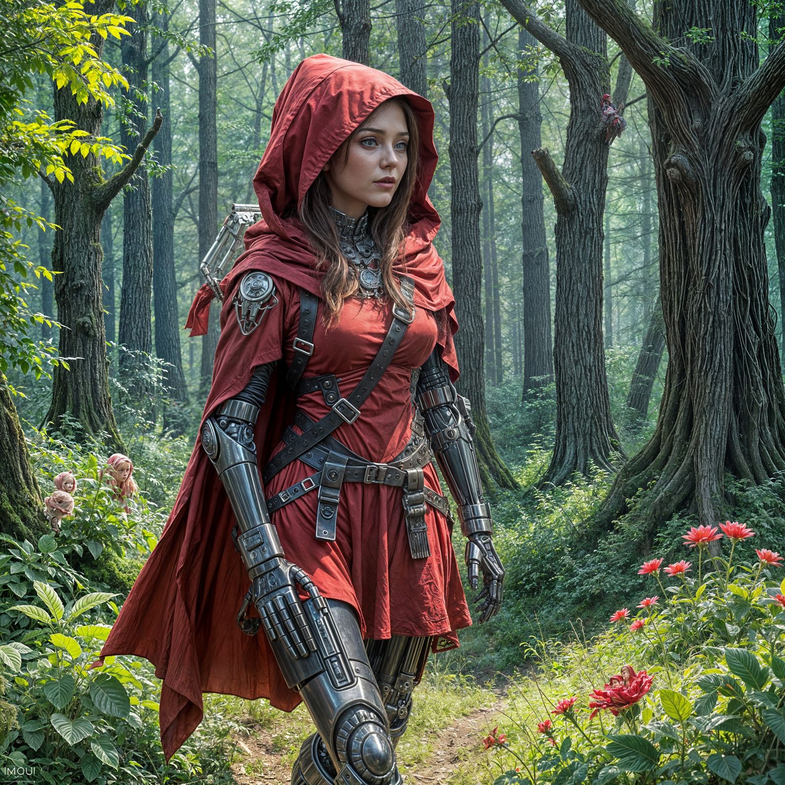 Bionic Little Red Riding Hood in Forest