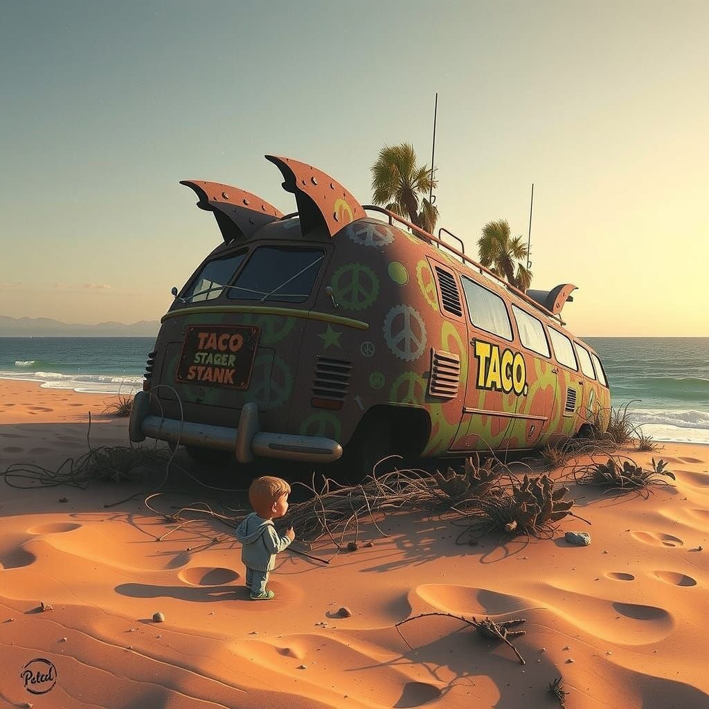 Vibrant 1960s VW Bus Taco Stand in Desert Landscape