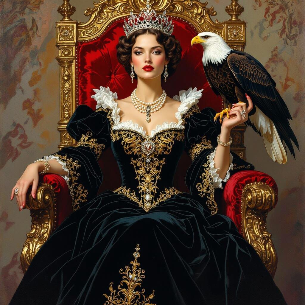 Regal Queen on Throne in Art Nouveau Style