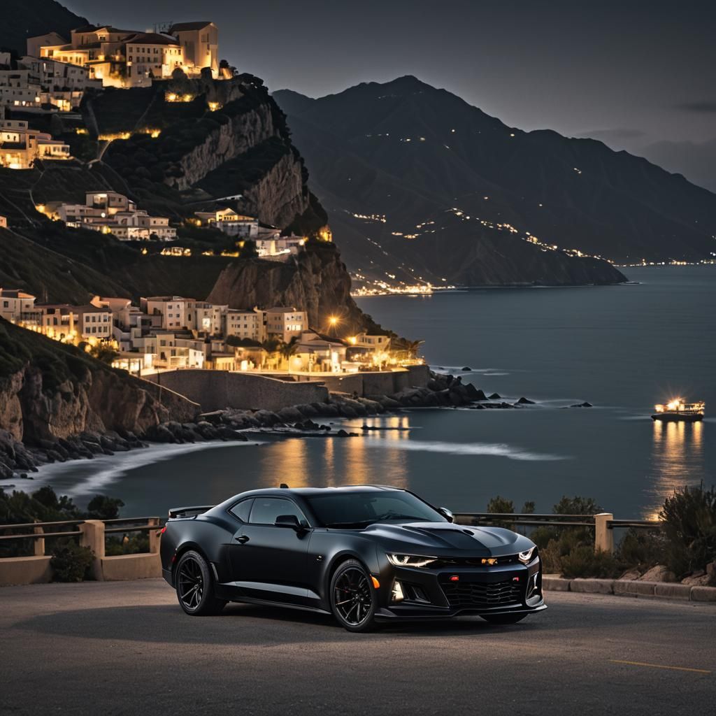 Matte Black Camaro ZL1 on the Amalfi Coast at Night