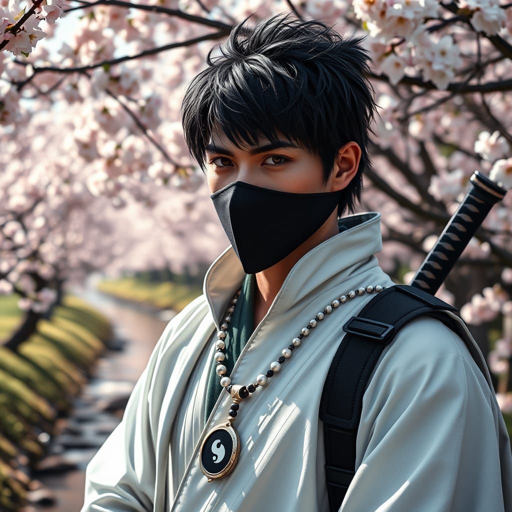Majestic Ninja Warrior in Serene Cherry Blossom Grove