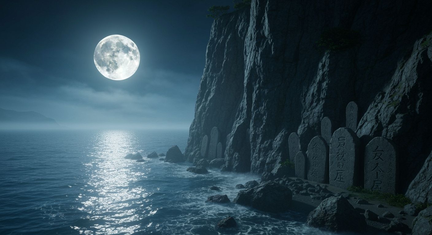 Surreal Japanese Myth: Moonlit Cliff Scene