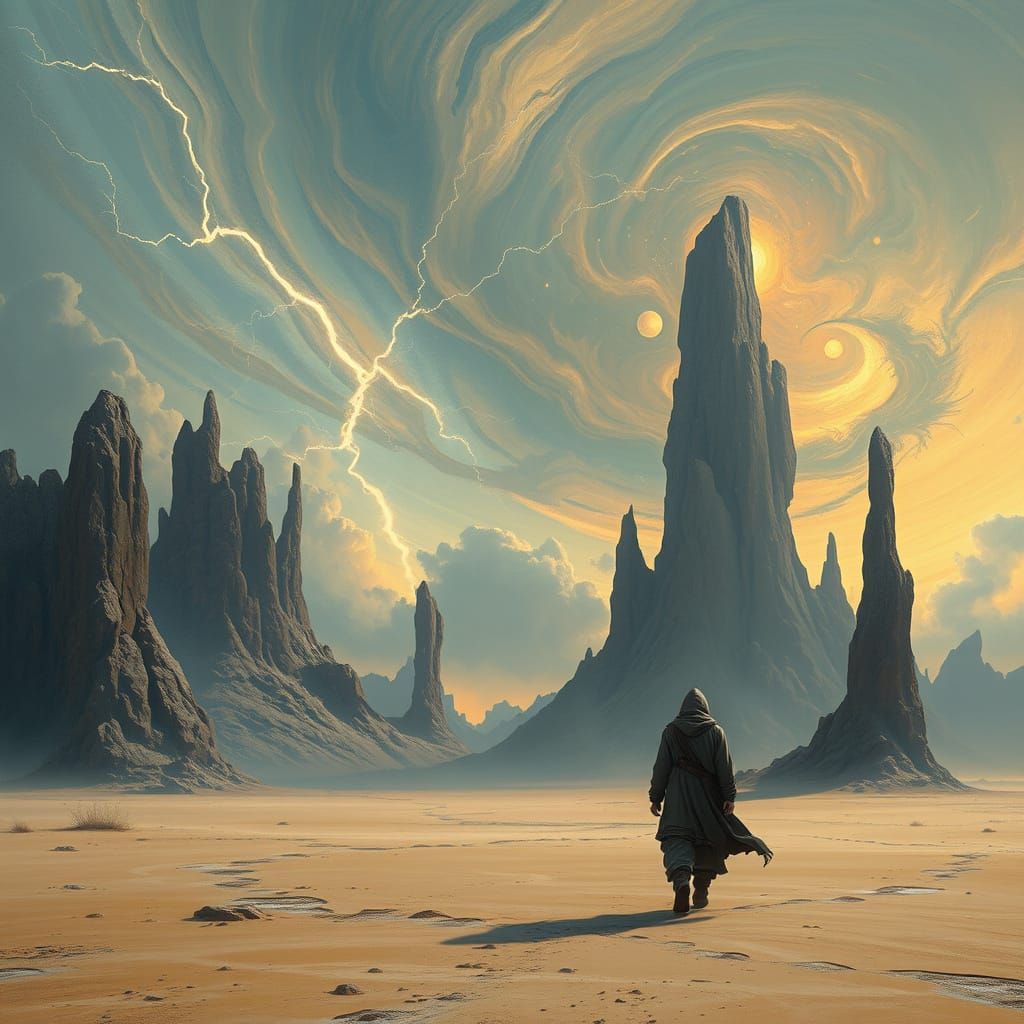 Lone Traveler in Ethereal Fantasy Landscape