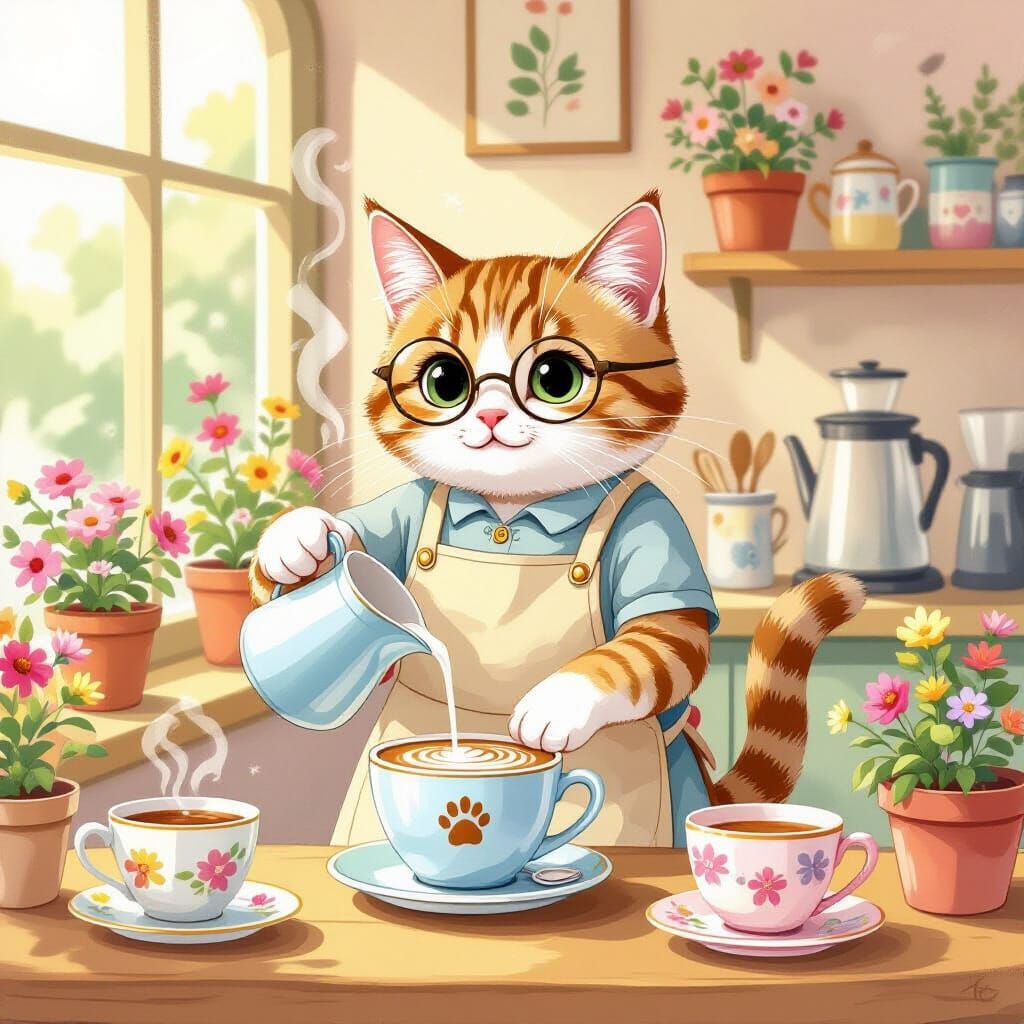 Cat Barista Creates Latte Art in Watercolor Style