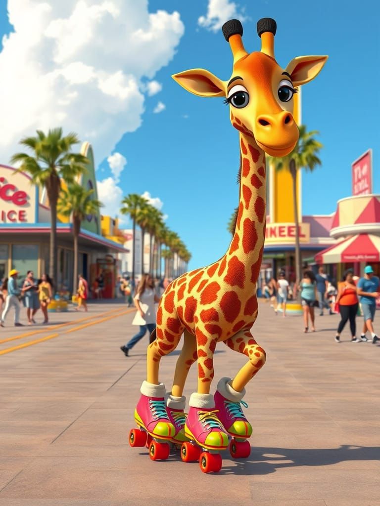 Giraffe Gliding on Venice Beach in a Vibrant, Disney-Inspire...