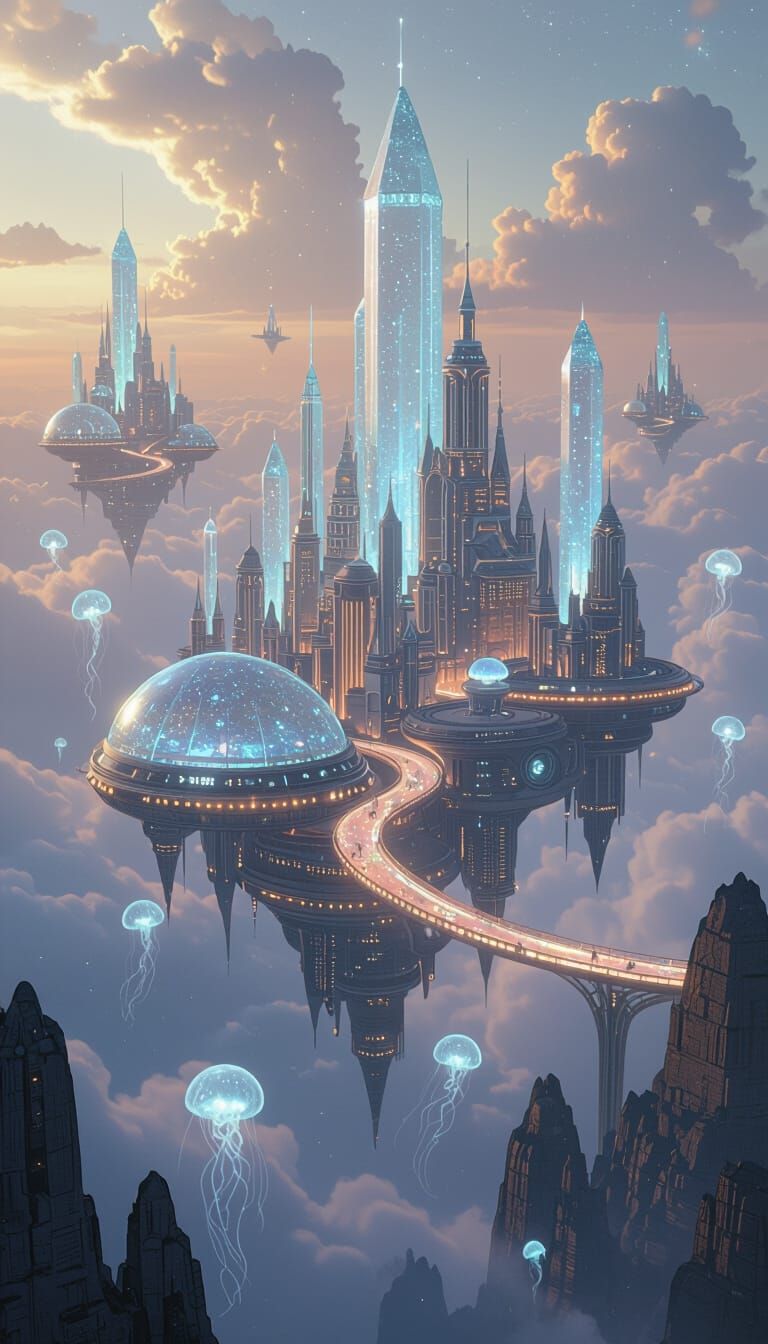 Floating Crystal City in Twilight Clouds