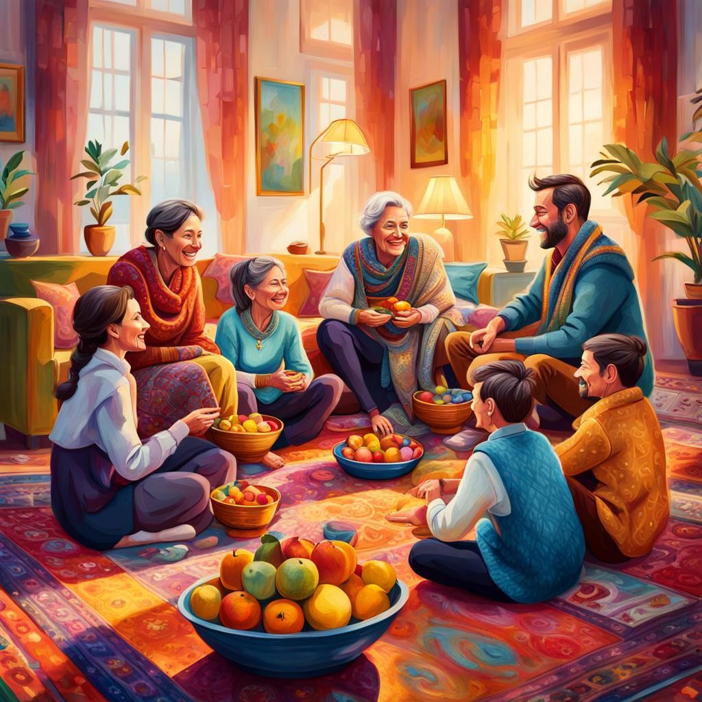 Cozy Family Gathering in Vibrant Oil Painting