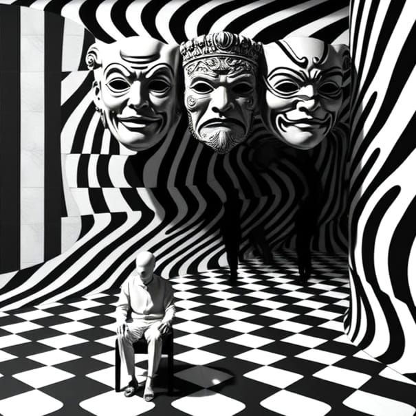 a faceless figure sitting alone in a room with a row of mask...