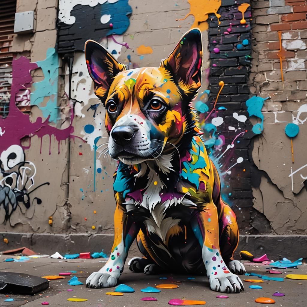 Dog in Polychromatic Street Art Alleyway