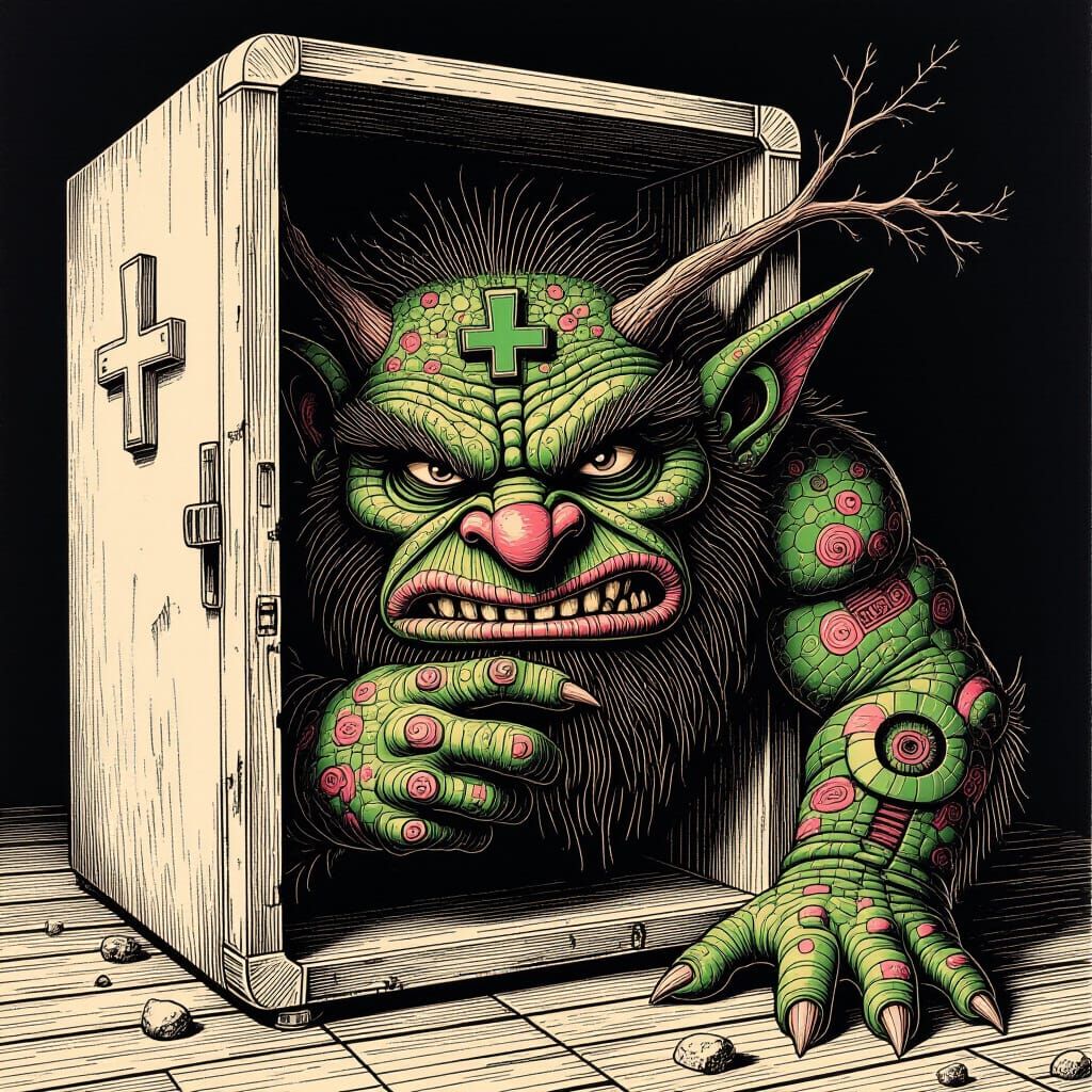 Cross-Covered Troll Hiding: Surrealist Fractal Woodcut