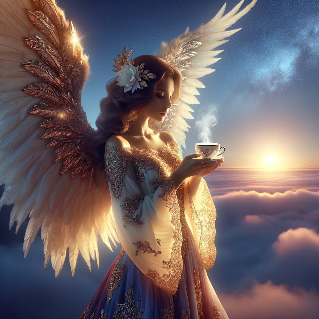 Angel Sipping Coffee at Dawn