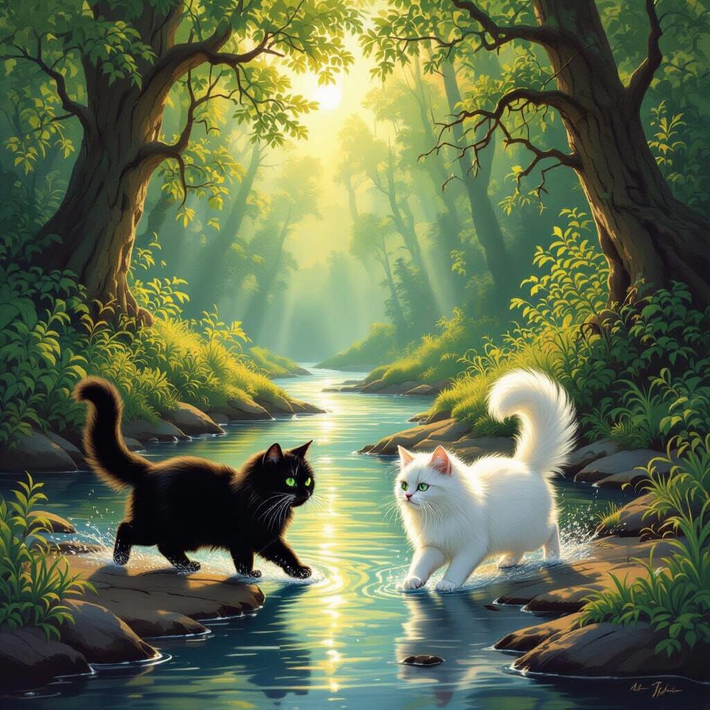 Ancient Forest River Scene with Black and White Cats