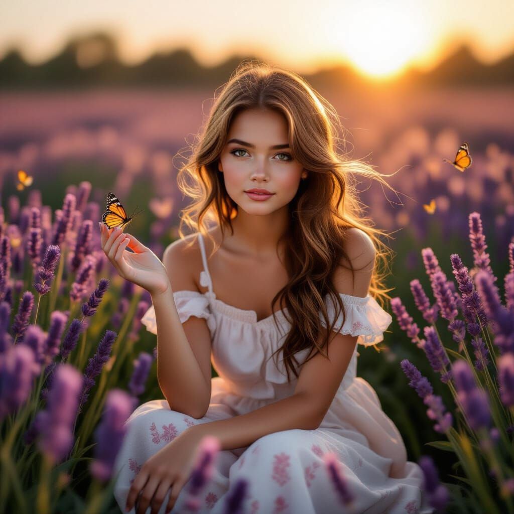 Dreamy Girl in Lavender Field at Golden Hour