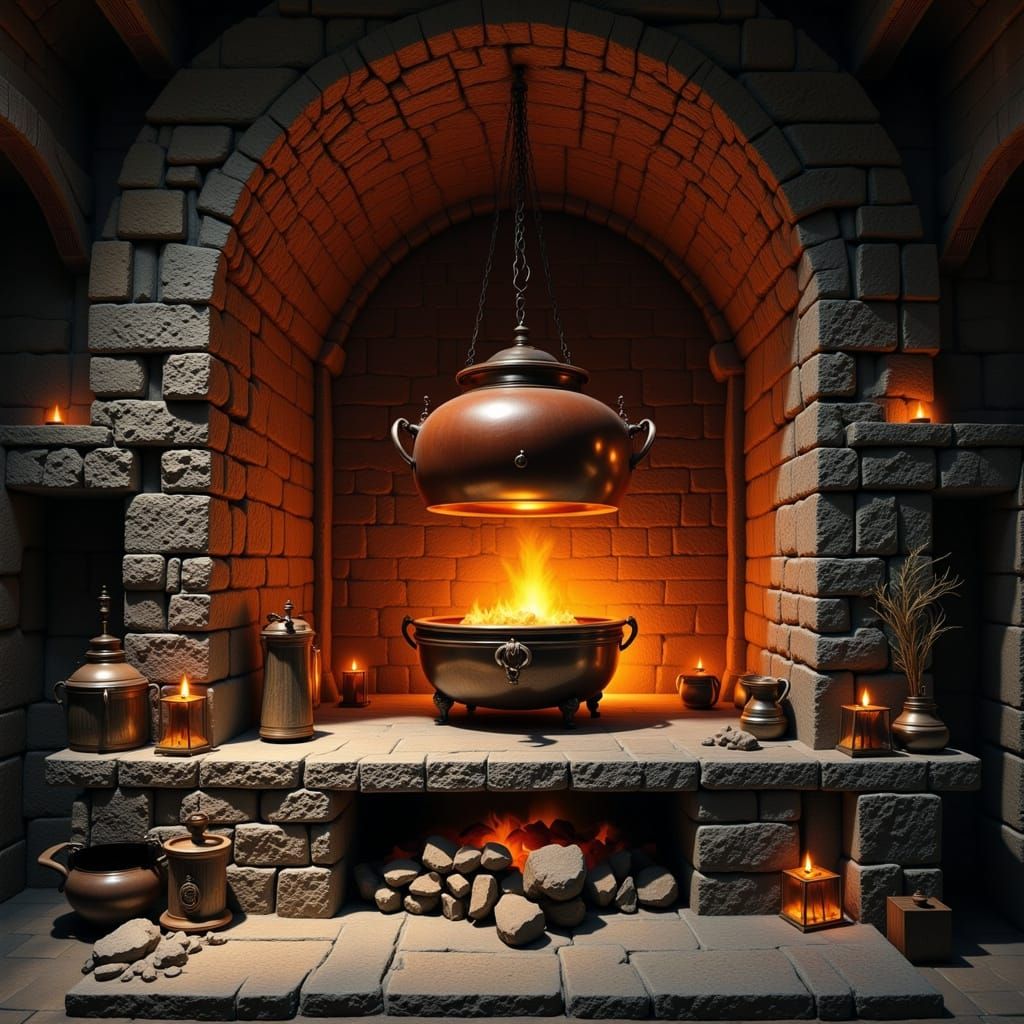 <lora:Impressionnism:1.0> <lora:Psilly 2:1.0> ancient medieval fireplace with a copper cauldron hanging, <lora:Goshi 2:1...