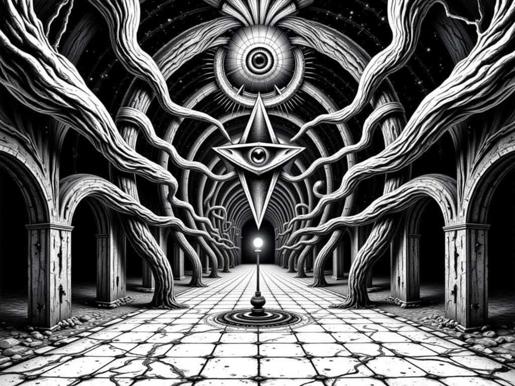 Surreal Pentagram Descends a Mystical Liminal Hallway