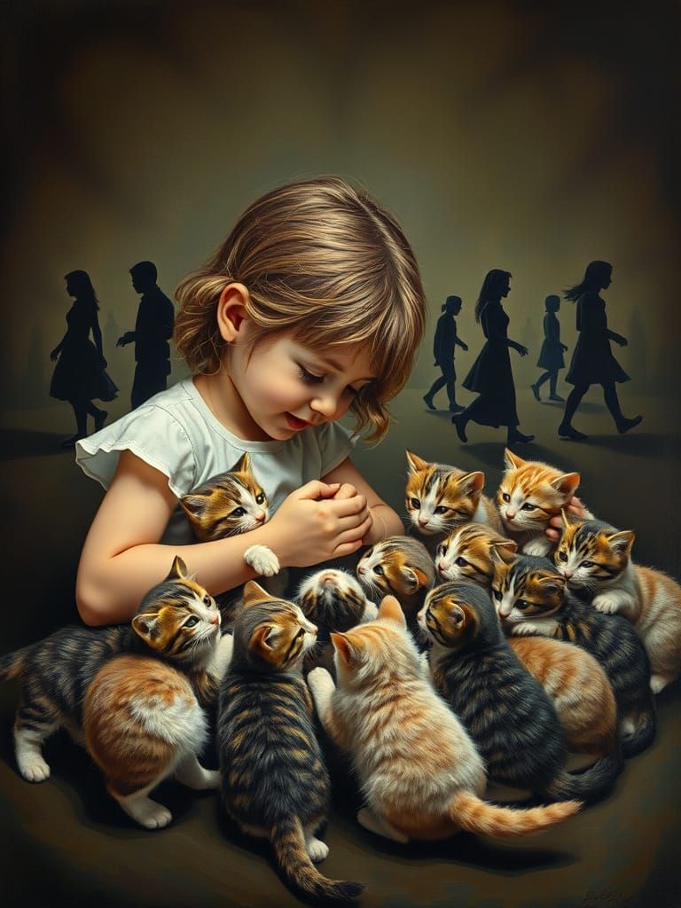 Girl Feeds Kittens Amidst Surreal, Agitated Figures