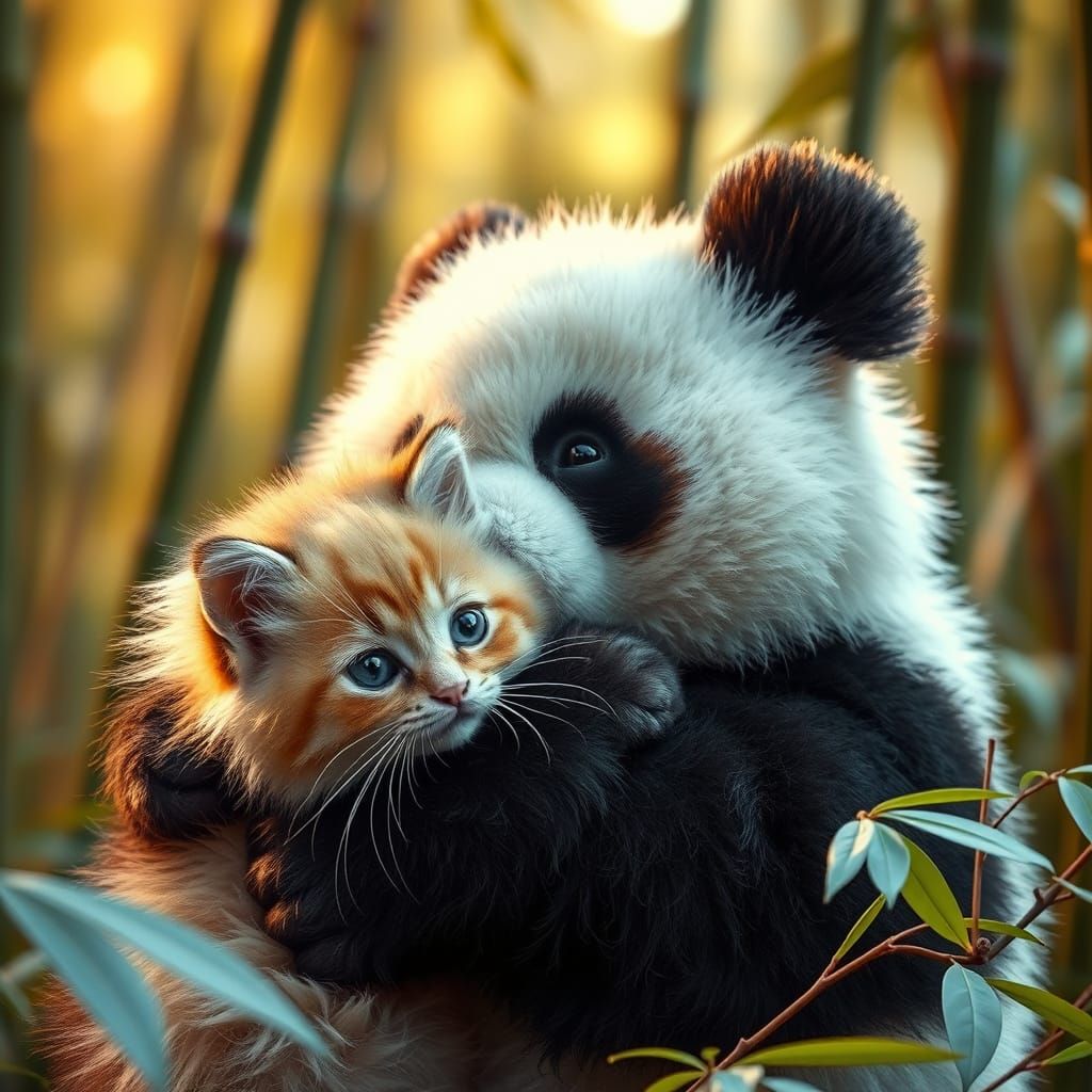 Cuddly Panda and Fluffy Cat Share Warm Cozy Moment in Bamboo...