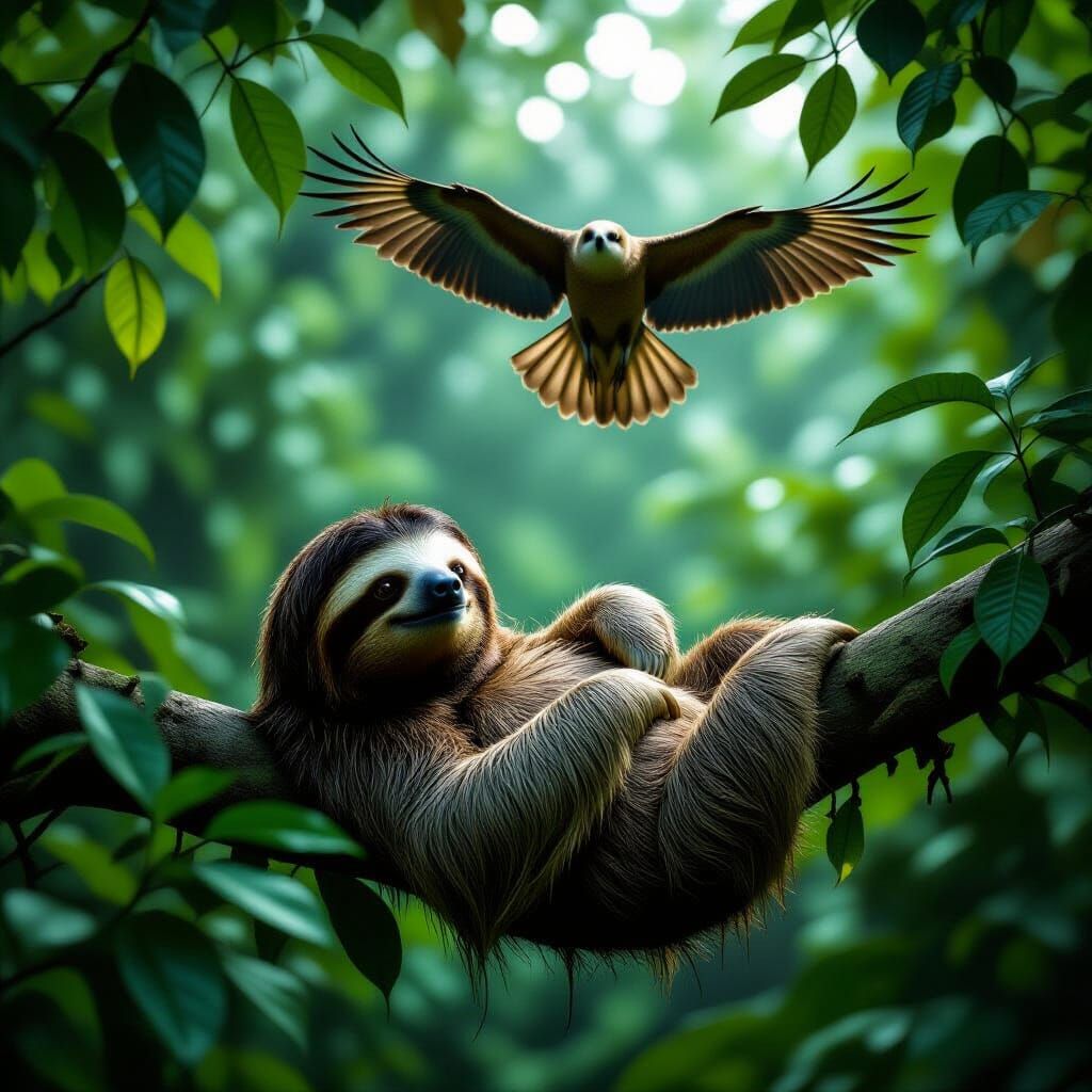 Sloth Resting Under Rainforest Canopy in Cinematic Film Stil...
