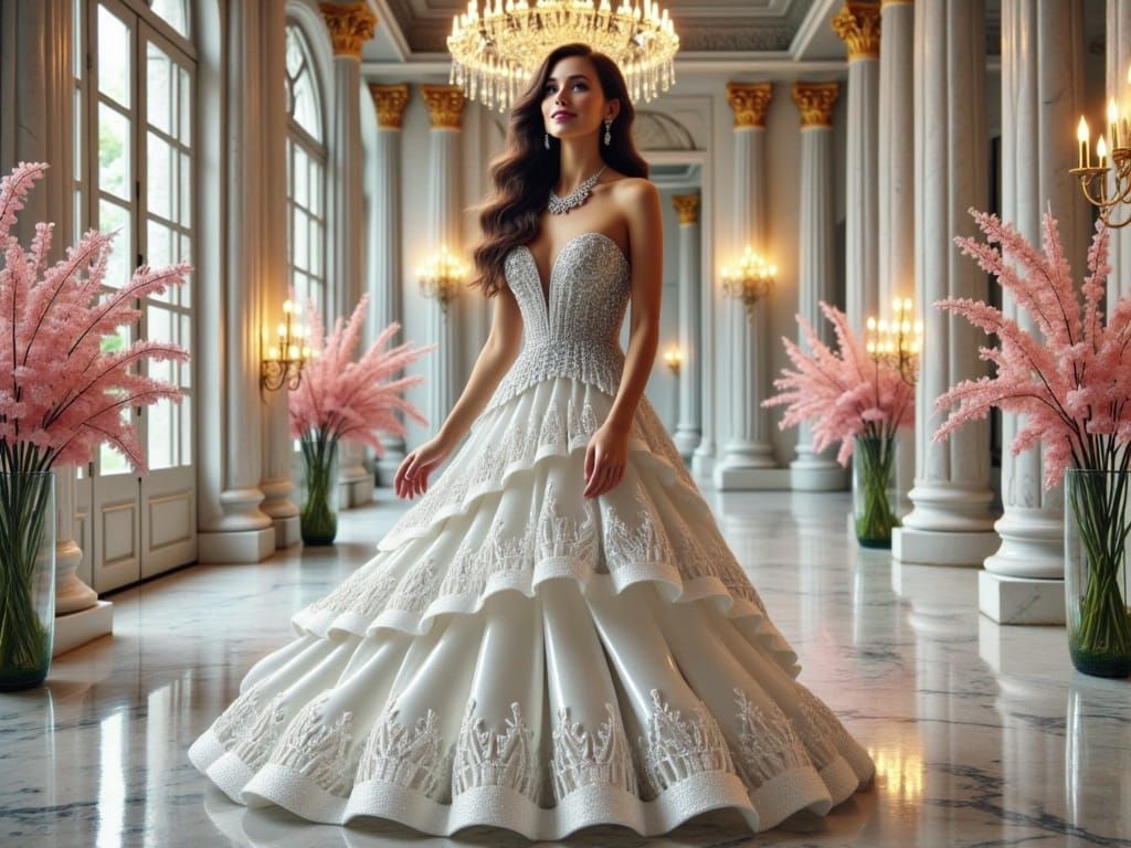 Elegant Woman in Piano Dress in Grand Reception Hall