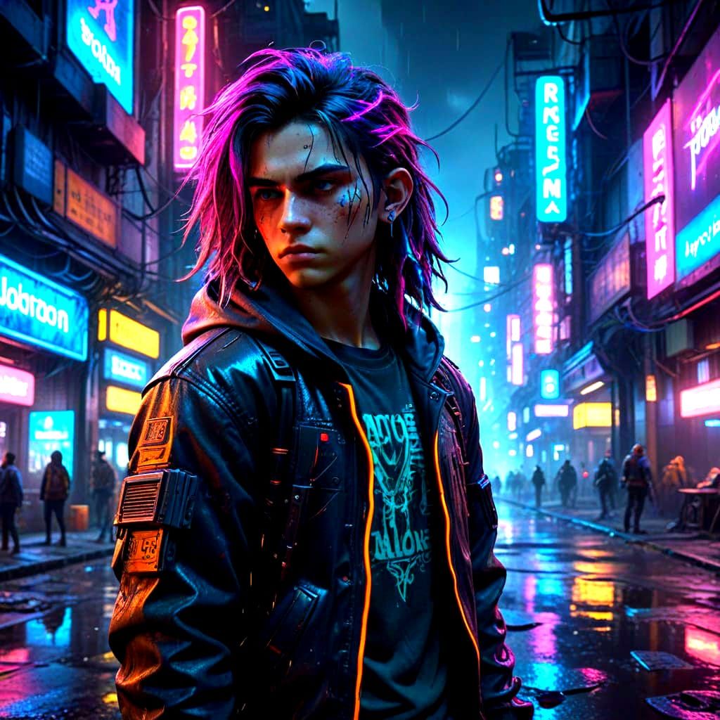 Gritty Cyberpunk Cityscape with Neon Streaked Youth