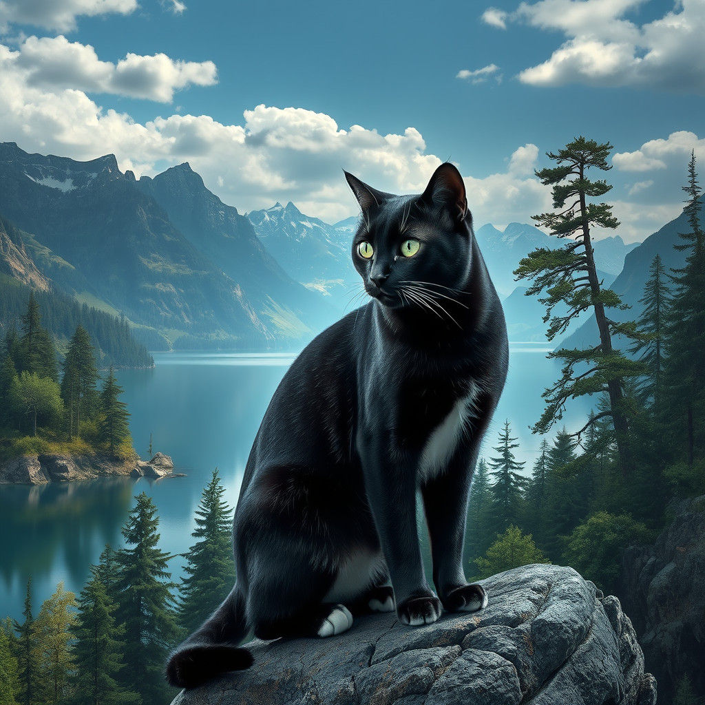 Hyperrealistic Black Striped Cat Gazing at Lake