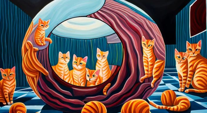 Mirrored Sphere Illusion with Cats, Acrylic Painting