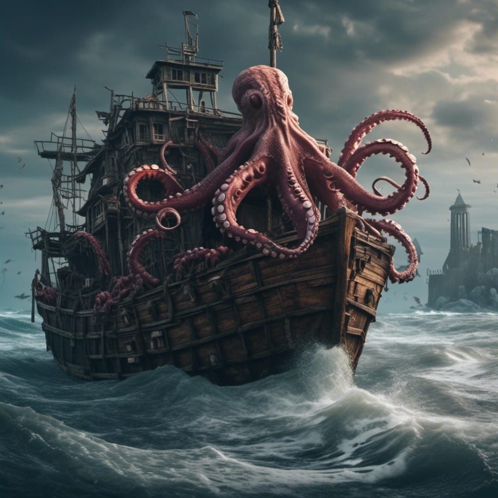 Giant Octopus Attacks Fishing Boat: Fantasy Matte Painting