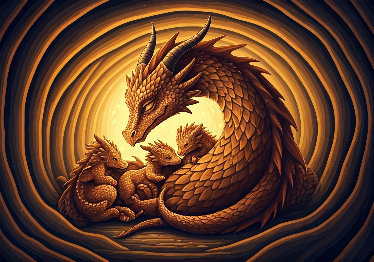 Dragon Cuddling Cubs in Cozy Cave, Children's Book Illustrat...
