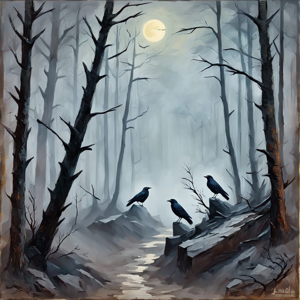 Moonlit Misty Forest with Crows in Impasto Style