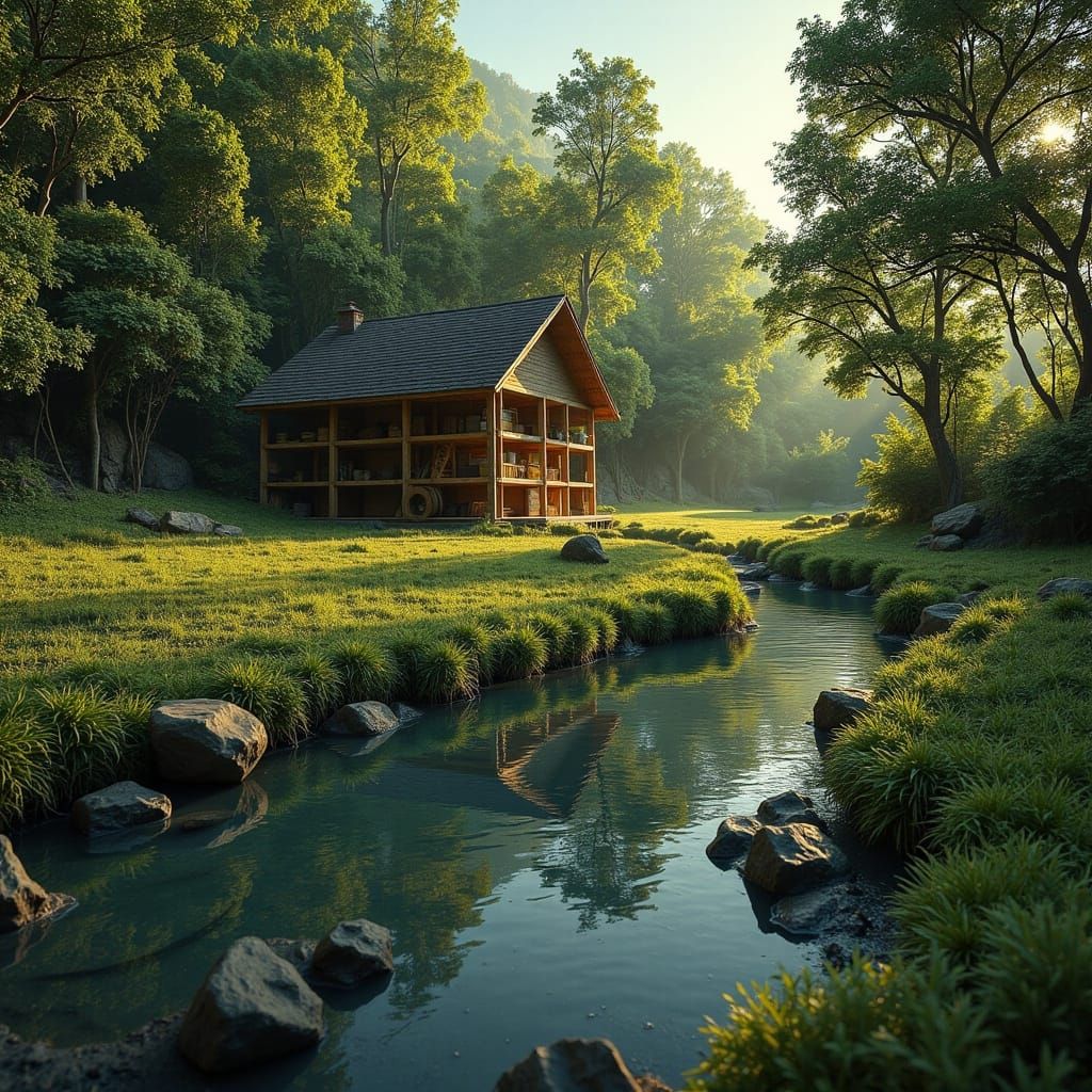 Idyllic Timber Shack in Forest Meadow