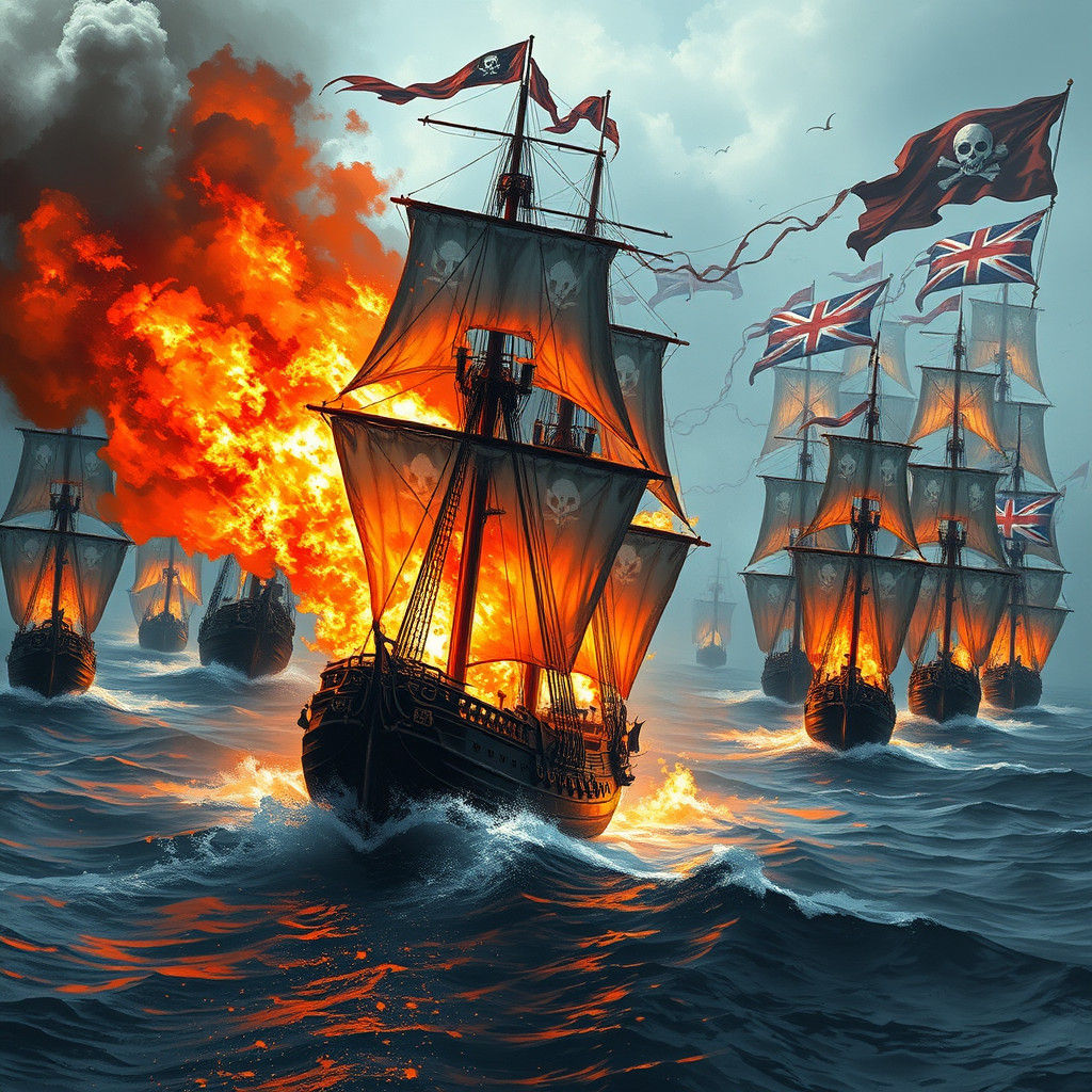 Burning Pirate Ship Evades Royal Navy Armada