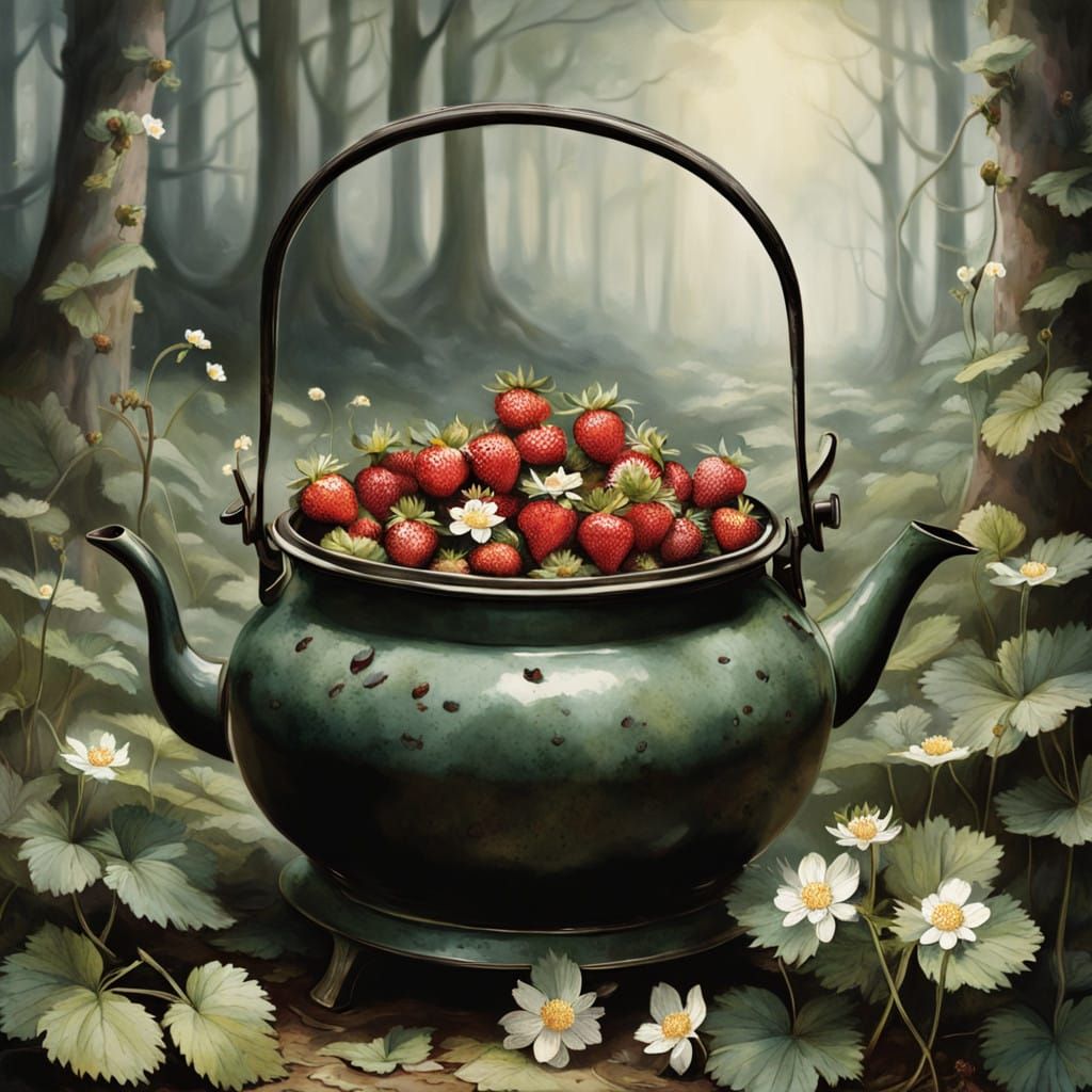 Whimsical Watercolor Kettle Scene with Red Wild Strawberries