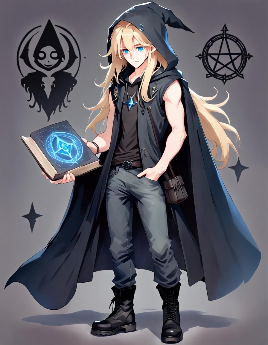 Cute Male Witch with Grimoire and Blonde Hair