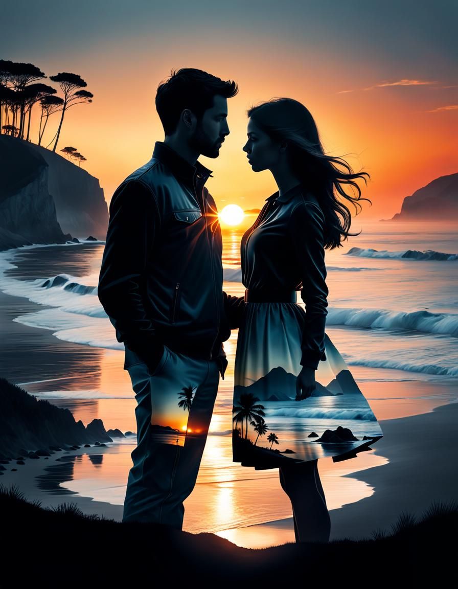 Sunset Coast Double Exposure Silhouette Art