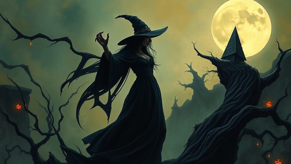 Mystical Witch in Moonlit Landscape: Surrealist Art Deco Fan...