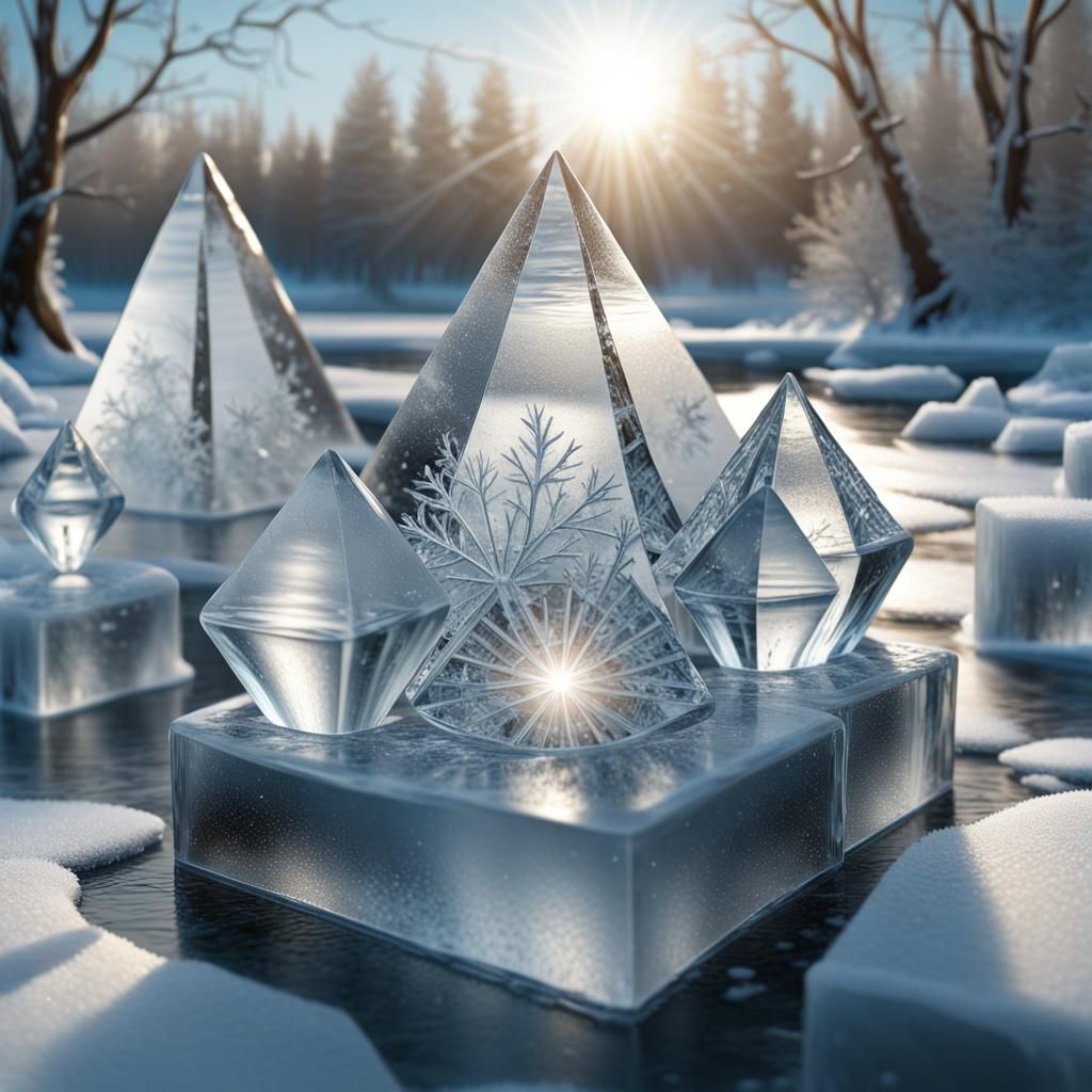 Hyperrealistic Icy River With Ice Crystal Pyramids