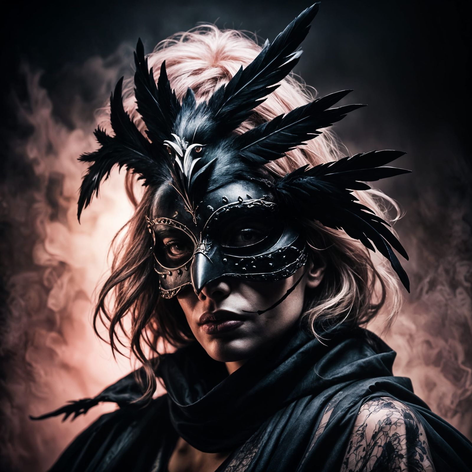 Woman in Crow Mask Portrait with Expressive Lines