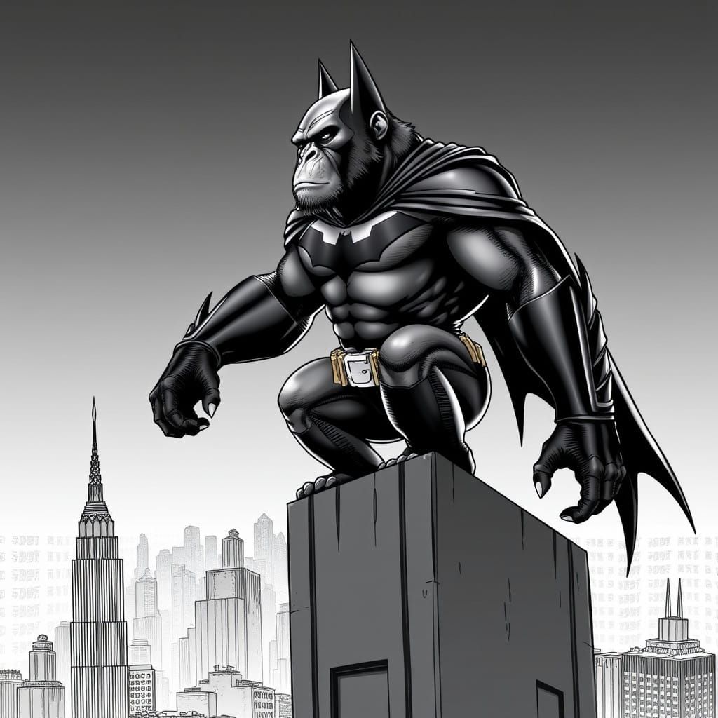 Powerful Batman-like Ape Gazing over Gotham City