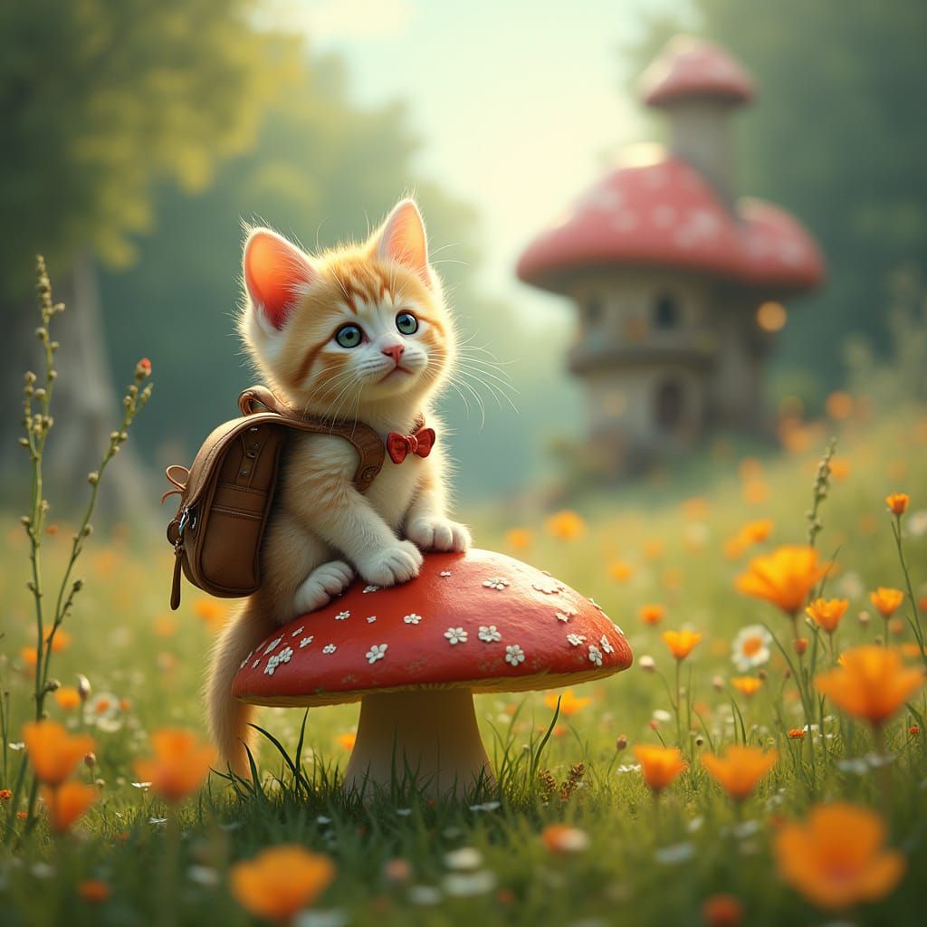 Kitten's Mushroom Adventure in a Whimsical Meadow